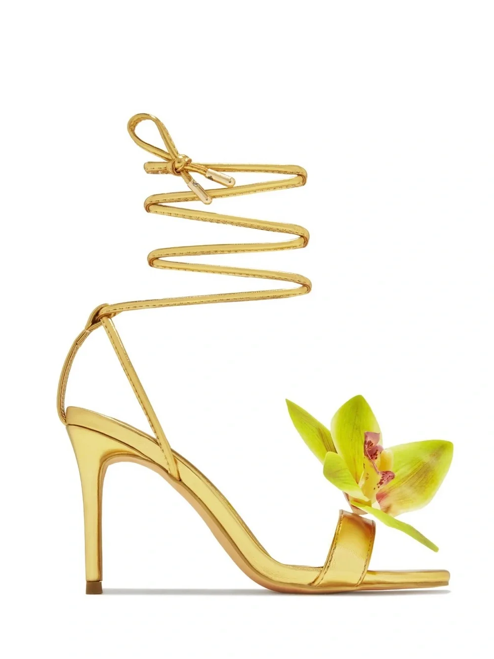 Miss Lola Gold with Green Floral Embellished High Heel Sandals